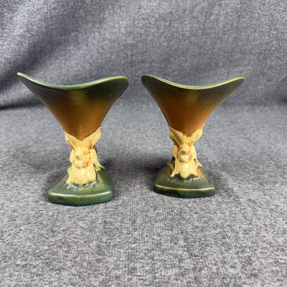 Vintage Roseville Zephyr Lily Green USA Pottery Cornucopia Vases 203-6 Pair